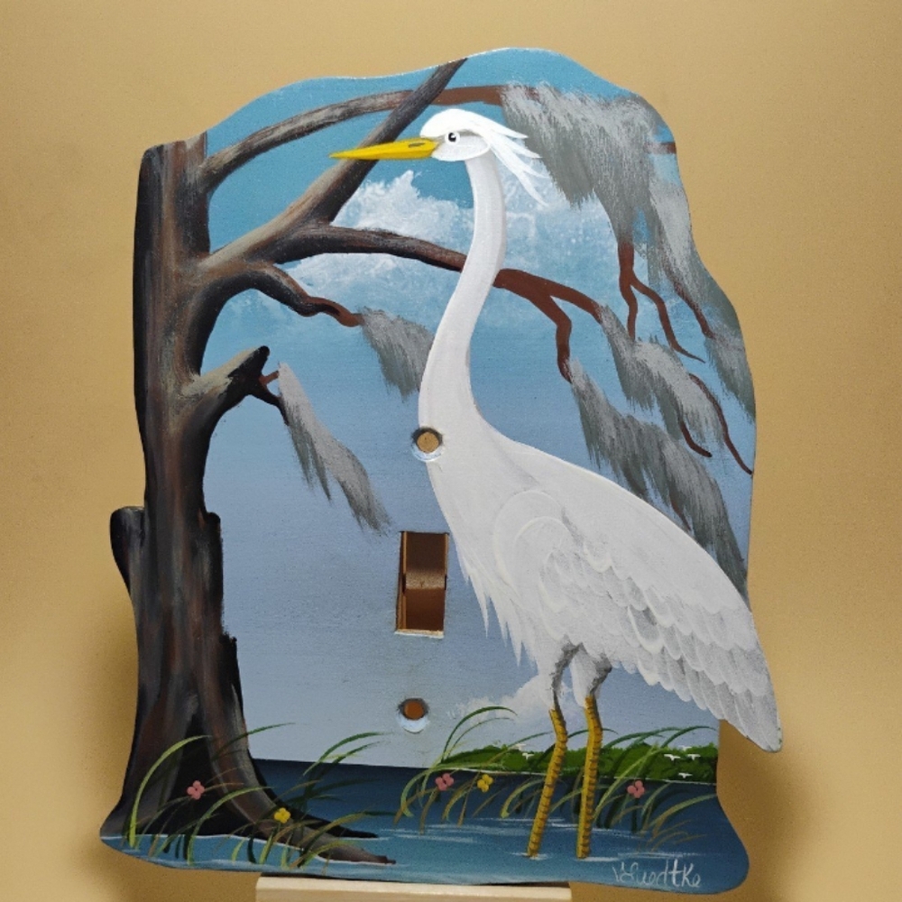 Hand-painted signed National Wildlife Federation wooden heron light switch cover